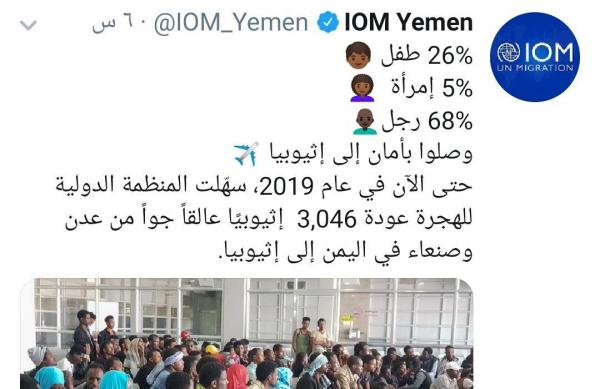 الأمم المتحدة تجلي 3 آلاف إثيوبي من اليمن خلال 2019